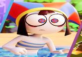 An image of Pomni from The Amazing Digital Circus. In the image she is wearing a bikini and is in the ocean at the beach.