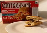 Nestle HOT POCKETS FOUR CHEESE PIZZA with parmesan, cheddar, and reduced fat provolone & mozzarella cheeses in a GARLIC BUTTERY CRUST 9g PROTEIN sandwich MADE WITH 100% REAL CHEESE BEFORE APR 1 WHA INGREDIENTS: ENRICHED FLOUR WHEAT FLOUR MALTED BARLEY FLOUR NACN RON THAMINE MONONITRATE RIBOFLAVIN, FOLIC ACID), WATER REDUCED FAT MOZZARELLA CHEESE (PASTEURIZED PART SKIM MILK NONFAT MILK MODIFIED FOOD STARCH CULTURES SALT VITAMINA PALMITATE ENZYMES INGREDIENTS NOT IN REGULAR MOZZARELLA CHEESE) TOMATO PASTE REDUCED FAT CHEDDAR CHEESE (PASTIFIED FOOD AT SKIM MILK, SKIM MILK M STARCH CULTURES SALE FLAVORS POTASSIUM CHLORIDE ANNATTO VITAMIN A PALMITATE, ENZYMES INGREDIENTS NOT IN REGULAR CHEDDAR CHEESE VEGETABLE OIL (SOYBEAN OIL AND/OR CORN DLL OR LESS OF REDUCED FAT PROVOLONE MILK N CHEESE PART SKI MODIFIED FOOD STARCH VITAMINA PALMITATE, ENZYMES INGREDIENTS NOT IN REGULAR PROVOLONE CEFSEL SUGAR SALT MODIFIED FOOD STARCH SEASONING BREADCRUMB BLEACHED WHEAT FLOUR DEXTROSE, YEAST SALT DRIED GARLIC TOMATO POWDER SPICE SALT DEXTROSE, DRIED ONION MALTODEXTRIN, CITRIC ACID NATURAL PER1SANDWICH 2700200 SODIUM CALORIES SAT FAT TOTAL SUGARS 29DV 30% DV CALCIUM SEE NUTRITION INFORMATION FOR SODI 2.4 IRON 155 DV