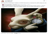 A "tweet":https://knowyourmeme.com/memes/sites/twitter-x from artist Luz Tapia about her viral "White Rabbit Pointing at a Clock" artwork, which became a "meme":https://knowyourmeme.com/memes/memes on "TikTok":https://knowyourmeme.com/memes/sites/tiktok and "Twitter / X":https://knowyourmeme.com/memes/sites/twitter-x in 2025.