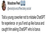 Woodrow Peel OK COOL @woodyluvscoffee.bsky.social Told a young coworker not to mistake ChatGPT for experience or you'll end up like Icarus and caught him asking ChatGPT who is Icarus