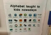 Alphabet taught to kids nowadays f Google Email A: APPLE B: BLUETOOTH C: CHAT: D: DOWNLOAD E: EMAIL F: FACEBOOK G: GOOGLE hp H: HEWLETT PACKARD orkut 1: Iphone J: JAVA K: KINGSTON L: LAPTOP M: MESSENGER N: NERO 0: ORKUT P: PICASSA Q: QUICK HEAL R: RAM S: SERVER T: TWITTER U: USB You Tube XD V: VISTA W: WIFI X: Xp Y: YOU TUBE Z: ZORPIA