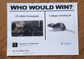 WHO WOULD WIN? 25 million Europeans 1 plague carrying rat History In Memes @MemesOnHistory Its a close one 4:37 PM 13 Mar 2017 Follow