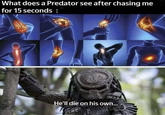 What does a Predator see after chasing me for 15 seconds: He'll die on his own...