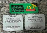 PEEL PEEL FOR A CHANCE TOWIN IN THE APP M MONOPOLY YOU WON FOOD McDo ration McDonald's sCorporati ARV: $1.98-$2025 Scan/Enter code in McD app by 11/23/25 to reveal food item won & by 11/2/25 for Bonus Play* starp 60 YOU WON FOOD ARV: $2.19 - $2.59 Scan/Enter code in McD app by 11/23/25 to reveal food item won & by 11/2/25 for Bonus Play* *Must opt in to Rewards &register for Game in Subj to Rules awatmcd.com *Must opt in to Rewards & register for Game in app. 18+, Subj to Rules at play atmcd.com