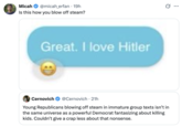 Micah @micah_erfan • 19h Is this how you blow off steam? Great. I love Hitler Cernovich @Cernovich 21h Young Republicans blowing off steam in immature group texts isn't in the same universe as a powerful Democrat fantasizing about killing kids. Couldn't give a crap less about that nonsense. ...