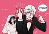 A redraw of a stock image of a man pointing at his wedding ring. The redraw is based on Devil May Cry.