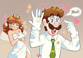 A redraw of a stock image of a man pointing at his wedding ring. The redraw is based on Luigi and Daisy from Mario.