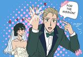 A redraw of a stock image of a man pointing at his wedding ring. The redraw is based on Spy x Family.