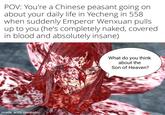 POV: You're a Chinese peasant going on about your daily life in Yecheng in 558 when suddenly Emperor Wenxuan pulls up to you (he's completely naked, covered in blood and absolutely insane) made with mematic What do you think about the Son of Heaven?