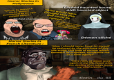 Horror Stories in Hollywood: "Oh no, by Horus! A cliché demon summoned by an ugly cursed object." Clichéd characters Clichéd haunted house AND haunted object "Who would have thought that this doll could be cursed..." "You can't trust antique dealers, especially the clichéd ones specialized in haunted objects." Démon cliché Clichéd demon Horror Stories in French Literature : "Alas, I should never have let myself be seduced by the purchase of this vile scrap, this hide of sorrow which, beneath its promises, condemns me to a slow agony!" "Here I am, at dawn once again in my life, faced with the decline that takes away my vital breath..." tintin_du_93