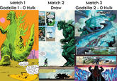 Match 1 Godzilla 1 – O Hulk CockRU!!! JULK KNOWS IN OF HUMANS USING HULK. HULK IS STRONGEST ONE THERE IS...BUT HULK...NO WANT TO PROVE THAT TODAY Match 2 Draw HULK FREE BIG, DUMB SPIDER! JUST WAIT FROG-FACE! www AS SOON AS HULK GETS ANGRY ENOUGH, HULK WILL COME UP THERE AND SMASH YOU! THE GAMMA RADIATION TAKES A TOLL ON ANY BEING--EVEN HULK AND GODZILLA BOTH MONSTER COLLAPSED AS THEIR GAMMA RAGES SUBSIDED. Match 3 Godzilla 2 - O Hulk YEAAARGH! SKREEONKI