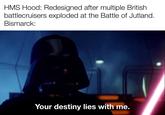 HMS Hood: Redesigned after multiple British battlecruisers exploded at the Battle of Jutland. Bismarck: Your destiny lies with me.
