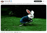A "tweet":https://knowyourmeme.com/memes/sites/twitter-x using the White Rabbit Pointing at a Clock "GIF":https://knowyourmeme.com/memes/cultures/gif from the 2010 live-action "_Alice in Wonderland_":https://knowyourmeme.com/memes/subcultures/alice-in-wonderland live-action film.