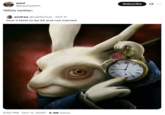 A "tweet":https://knowyourmeme.com/memes/sites/twitter-x using the White Rabbit Pointing at a Clock "image macro":https://knowyourmeme.com/memes/image-macros.