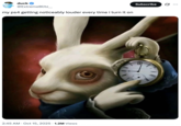 A "tweet":https://knowyourmeme.com/memes/sites/twitter-x using the White Rabbit Pointing at a Clock "image macro":https://knowyourmeme.com/memes/image-macros.