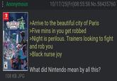 Anonymous a- SWITCH. 10/17/25(Fri)08:55:58 No.58435760 PORNST>Arrive to the beautiful city of Paris LEGENDS 108 KB JPG >Five mins in you get robbed >Night is perilous. Trainers looking to fight and rob you >Black nurse joy What did Nintendo mean by all this?