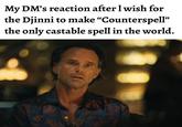 My DM's reaction after I wish for the Djinni to make "Counterspell❞ the only castable spell in the world.