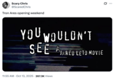 X user @ScaredChris tweeted a "Piracy It's a Crime":https://knowyourmeme.com/memes/piracy-its-a-crime meme that read, "You wouldn't watch a Jared Leto movie," gathering over 19,000 likes on a post captioned, "Tron Ares opening weekend."