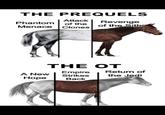 THE PREQUELS Attack Revenge Phantom of the of the Sith Menace Clones THE OT Empire Return of A New Strikes the Jedi Hope Back