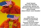 Just leave the 3rd World countries alone to develop themselves and freely elect their own leader imgflip.com Use their socialist parties to justify accidentally creating fascist dictatorships which cause even more pain and suffering
