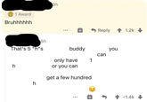 1 Award Bruhhhhhh 9h 8h That's 5 "h"s h h Reply 1.2k buddy you can only have 1 or you can get a few hundred + ◆ -1.4k