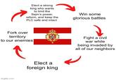 Elect a strong king who wants to limit the Sejm's power, reform, and keep the PLC safe and intact Win some glorious battles Fork over territory to our enemies] imgflip.com Elect a foreign king Fight a civil war while being invaded by all of our neighbors