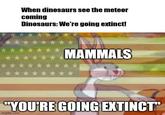 When dinosaurs see the meteor coming Dinosaurs: We're going extinct! MAMMALS "YOU'RE GOING EXTINCT" imgflip.com