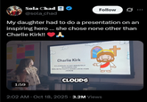 Sola Chad @sola_chad Follow My daughter had to do a presentation on an inspiring hero... she chose none other than Charlie Kirk!! 1:59 Charlie Kirk A LEGEND THAT BRAVELY SHARED HIS BELIEFS FAITH AND LOVE FOR JESUS CLOUDS 2:02 AM Oct 18, 2025 3.2M Views