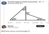 A meme page to check every time... find the value of x 60° 40° X 35° . · 11h ... 153 17109 ❤1.3K ili 205K ☐ ↑ Mattie @turbo_sloot 80% less since musk bought it. Follow