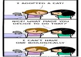 I ADOPTED A CAT! NICE! WHAT MADE YOU DECIDE TO DO THAT? I CAN'T HAVE ONE BIOLOGICALLY Cyanide and Happiness Explosm.net
