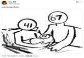 A "tweet":https://knowyourmeme.com/memes/sites/twitter-x with a drawing of the numbers "67":https://knowyourmeme.com/memes/6-7-song-67-meme and "41":https://knowyourmeme.com/memes/41-meme-41-song-by-blizzi-boi giving birth to 61. 
