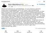 Suggested ✓ + Follow Don Blackburn in . 3rd+ Take control of your development! 1d • Word of advice to candidates- if you have a phone interview scheduled, turn off your call screening (common with IOS 26). I've encountered it twice in the last couple of months where I had a scheduled phone interview and when I call the candidate I'm greeted with "Please state your name and reason for the call". It may not seem like a big deal, but for some reason, it just hits me totally wrong. I find it unprofessional and annoying. It's even worse if they don't answer after the "screening" and have to call you back. The first time it happened, it was someone that had worked for us before and I looked past it. The second time, I let him know my thoughts and that I would not be rescheduling anytime soon. But at least he won't get any telemarketing calls... € 2 11 comments Like Comment Repost Send