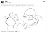 A "redraw":https://knowyourmeme.com/memes/redraw of the Clock Strikes 12, Midnight Arrives soyjak character as Caliborn from Homestuck.
