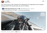 A "quote-tweet":https://knowyourmeme.com/memes/quote-retweets-qrts about "U.S.":https://knowyourmeme.com/memes/cultures/united-states-of-america Secretary of War Pete Hegseth riding in a fighter jet.