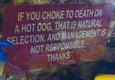 IF YOU CHOKE TO DEATH ON A HOT DOG, THAT IS NATURAL SELECTION, AND MANAGEMENT IS NOT RESPONSIBLE THANKS