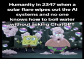 Humanity in 2347 when a solar flare wipes out the Al systems and no one knows how to boil water without asking ChatGPT
