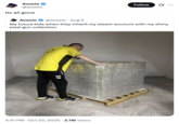 October 23rd, 2025 tweet by @avoxio X user @avoxio tweeted an image of a man hunched over a large pile of money, writing, "My future kids when they inherit my steam account with my shiny pixel gun collection," and following up with "It's all gone." The post gathered over 90,000 likes in a day.