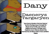 Dany Daenerys Targaryen Queen Daenerys Stormborn of the House Targaryen, the First of Her Name, Queen of the Andals, the Rhoynar and the First Men, Lady of the Seven Kingdoms and Protector of the Realm, Lady of Dragonstone, Queen of Meereen, Khaleesi of the Great Grass Sea, the Unburnt, Breaker of Chains and Mother Dragons.