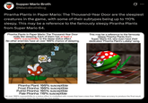 Supper Mario Broth @MarioBrothBlog 0 Piranha Plants in Paper Mario: The Thousand-Year Door are the sleepiest creatures in the game, with some of their subtypes being up to 110% sleepy. This may be a reference to the famously sleepy Piranha Plants from Super Mario 64. Piranha Plants in Paper Mario: The Thousand-Year Door really like sleeping. Each of them has at least a 100% susceptibility to the Sleep status effect. No other enemies have an over 100% chance of sleeping. 2 This may be a reference to the famously sleepy Piranha Plants from Super Mario 64, who even have their dedicated "Piranha Plant's Lullaby" song. Piranha Plant: 100% susceptible Frost Piranha: 100% susceptible Putrid Piranha: 105% susceptible Pale Piranha: 110% susceptible An over 100% susceptibility to a status effect is multiplied with moves that have a less than 100% base accuracy to produce the final result. ource:mariowiki.com/Paper Mario The Thousand-Year Door_bestiary
