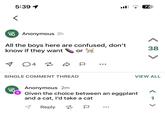 5:39 1 Anonymous 3h All the boys here are confused, don't know if they want or 4 € SINGLE COMMENT THREAD 72 38 < 80 >> VIEW ALL Anonymous 2m Given the choice between an eggplant and a cat, I'd take a cat Reply ~ < - >