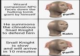 Wizard companion NPC faces down the hulking tomb giant by himself He summons the chivalrous Panik Snail Knight to defend him Kalm Snail Knight is slow and will arrive in 10 minutes imgflip.com Panik