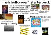 "Irish halloween" starterpack Tons of fireworks smuggled down from the north on the 31st even though they're Local primary schools doing of course the not allowed, police (guards) "witches walks" don't do much of anything to raise money Dark by 5:30pm barmbrack Most common sweets: "Pookie" means trick or treaters and has nothing to do with tiktok Horrible day for pets Always raining These on every house NTER: OT 00 DO NOT ENTER ENTER NTER FER ENTER OTENTER DO 00 DO NOT ENTER NOT ENTER NOT ENTER Swizzels Loved since 1928) Experience Every Flavour!+ TAYTO BANSHEE Bones
