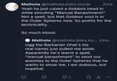@mathota.bsky.social 2mo Mathota Yeah he just caved a Gobbos head in while shouting "Manual Banashment!". Not a spell, but that Gobbos soul is in the Outer Spheres now. So points for the technicality. So much blood. Mathota @mathota.bsky.so... 2mo Ugg the Barbarian (that's his real name) just pulled me aside. Apparently he's learnt a spell, "manual banashment" to send our enemies to the Outer Spheres that he wants to show me. I am dubious, but hopefull. = 2 ☐ ↑