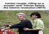 Iranian couple, riding on a scooter near Tehran before the Islamic revolution (1977) 2