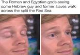 The Roman and Egyptian gods seeing some Hebrew guy and former slaves walk across the split the Red Sea