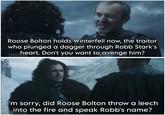 Roose Bolton holds Winterfell now, the traitor who plunged a dagger through Robb Stark's heart. Don't you want to avenge him? I'm sorry, did Roose Bolton throw a leech into the fire and speak Robb's name?