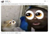 A "tweet":https://knowyourmeme.com/memes/sites/twitter-x using an Eyes Emoji "reaction image":https://knowyourmeme.com/memes/reaction-images, showing a man and cat each with a 👀 "emoji":https://knowyourmeme.com/memes/emoji.