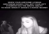 WHEN YOUR AWESOME LESBIAN GIRLFRIEND KISSES YOU, BUT YOUR LEFT EYEBROW HAS THE INNATE ABILITY TO RAISE WHEN IT SENSES A HORSE NEARBY imgflip.com