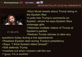 Anonymous (ID: nBVi588C ) 21 KB JPG 06/05/25(Thu)15:12:22 No.506483016 >Elon Musk tweets about Trump being in the Epstein files >Looks into Trump's comments on Epstein, where he says Epstein likes underage girls >Watches multiple videos of Trump at Epstein's parties >Notices Trump refuses to take any questions today during a live appearance >Realizes Epstein died during Trump's presidency >Says, "I think Epstein killed himself." >Still defends Trump >crashes out when viewers call him out >"guys, I'm a centrist."
