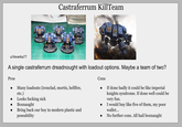 Castraferrum KillTeam C u/Veverka77 A single castraferrum dreadnought with loadout options. Maybe a team of two? Pros Many loadouts (ironclad, mortis, hellfire, etc.) Looks f------ sick Boxnaught Bring back our boy in modern plastic and poseability Cons • If done badly it could be like imperial knights syndrome. If done well could be very fun. I would buy like five of them, my poor wallet... No further cons. All hail boxnaught